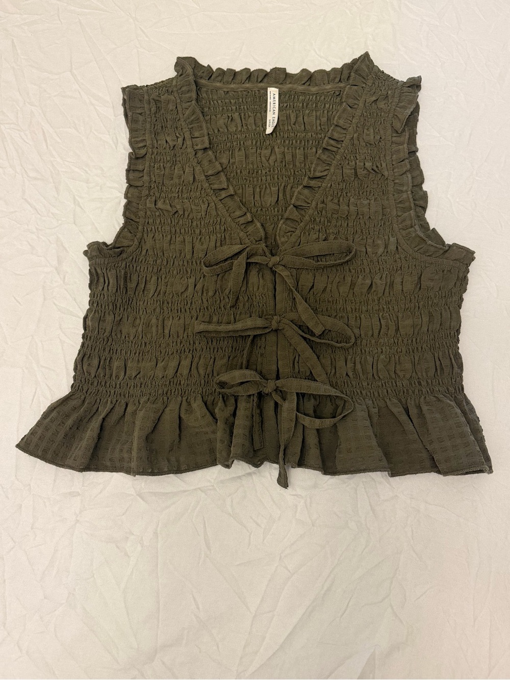 American Eagle Outfitters Olive Green Smocked Tie-Front Tank